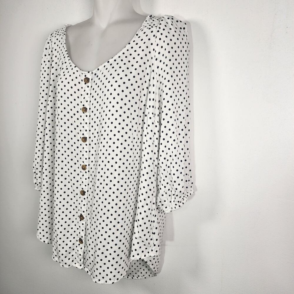 Torrid Womens Top White Black Polka Dot Button Front Puff Sleeve Scoop Neck 1X - Picture 7 of 10